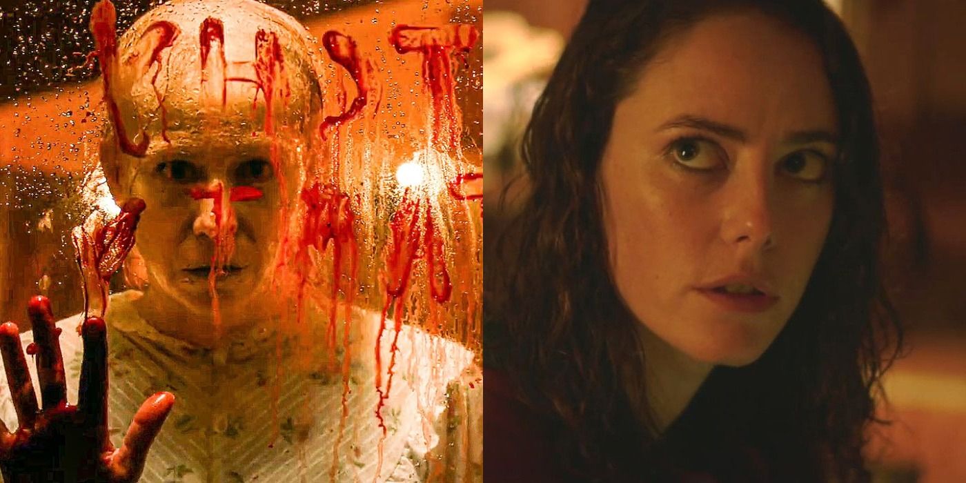 Split image: Zombie looks through a window/ Claire Redfield looks up