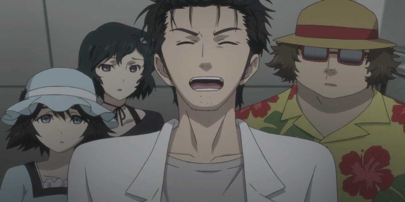 Rintarou Okabe laughs in an airport.