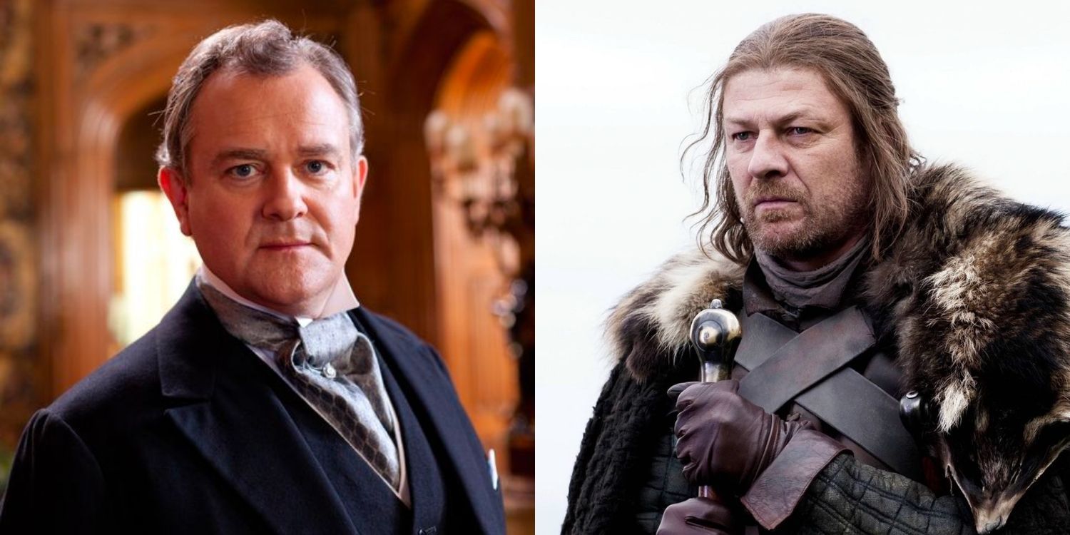 Robert Grantham in closeup in Downton and Ned Stark leaning on his sword in Game of Thrones