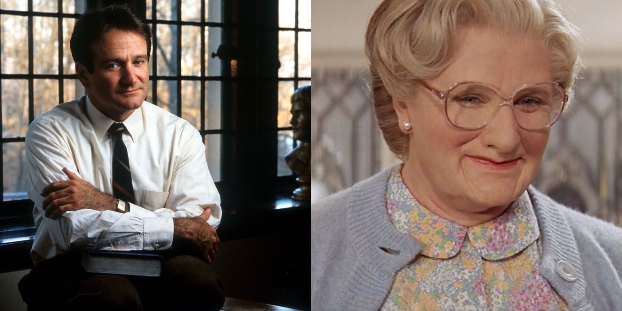 Split image showing Robin Williams in Dead Poets Society and Mrs. Doubtfire