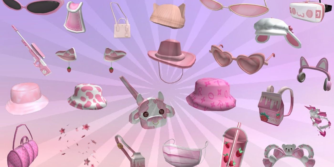 Roblox accessories floating in a pink cloudy sky