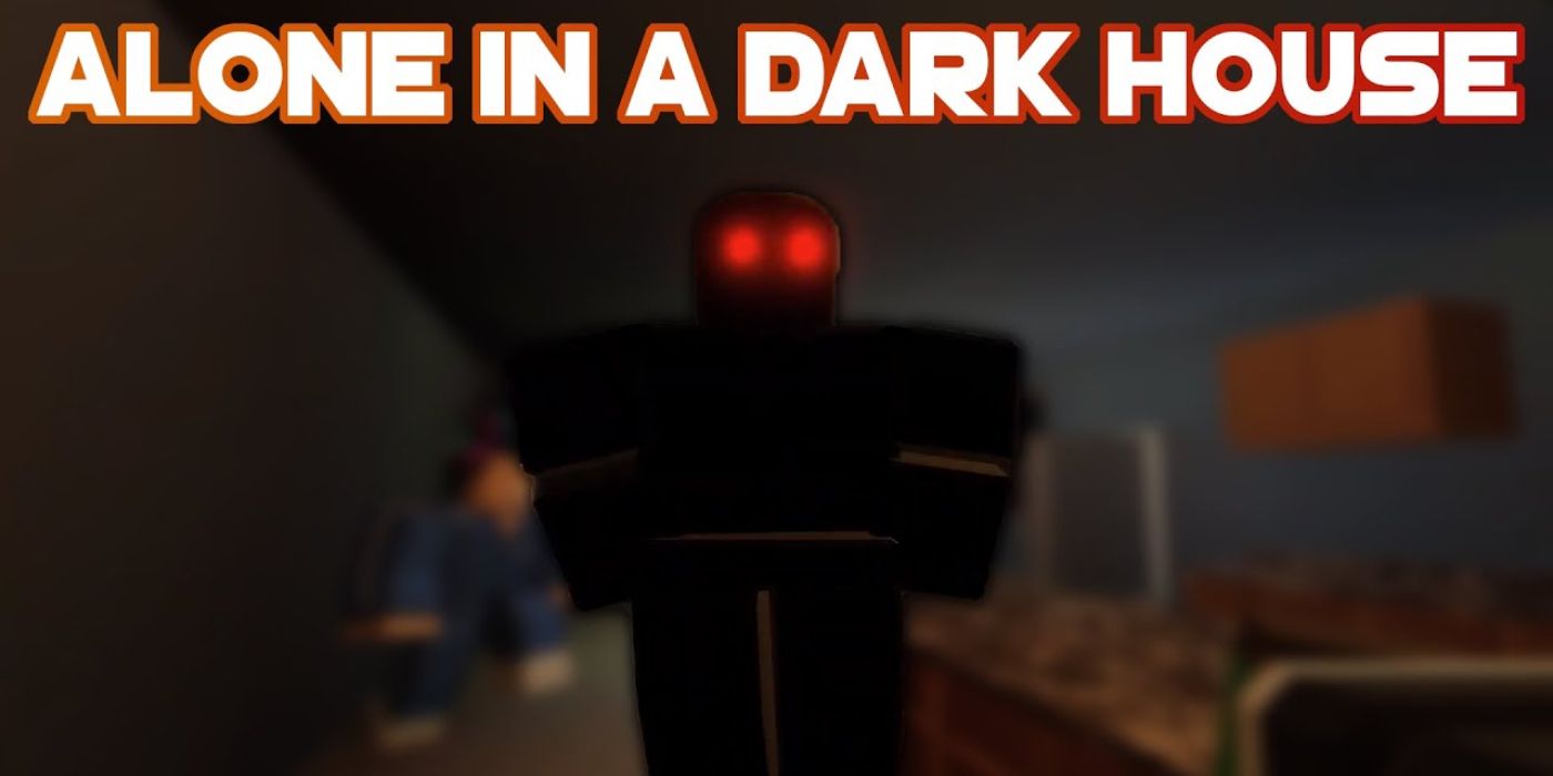 Uma figura sombria com olhos vermelhos brilhantes fica em uma sala embaçada Alone In A Dark House