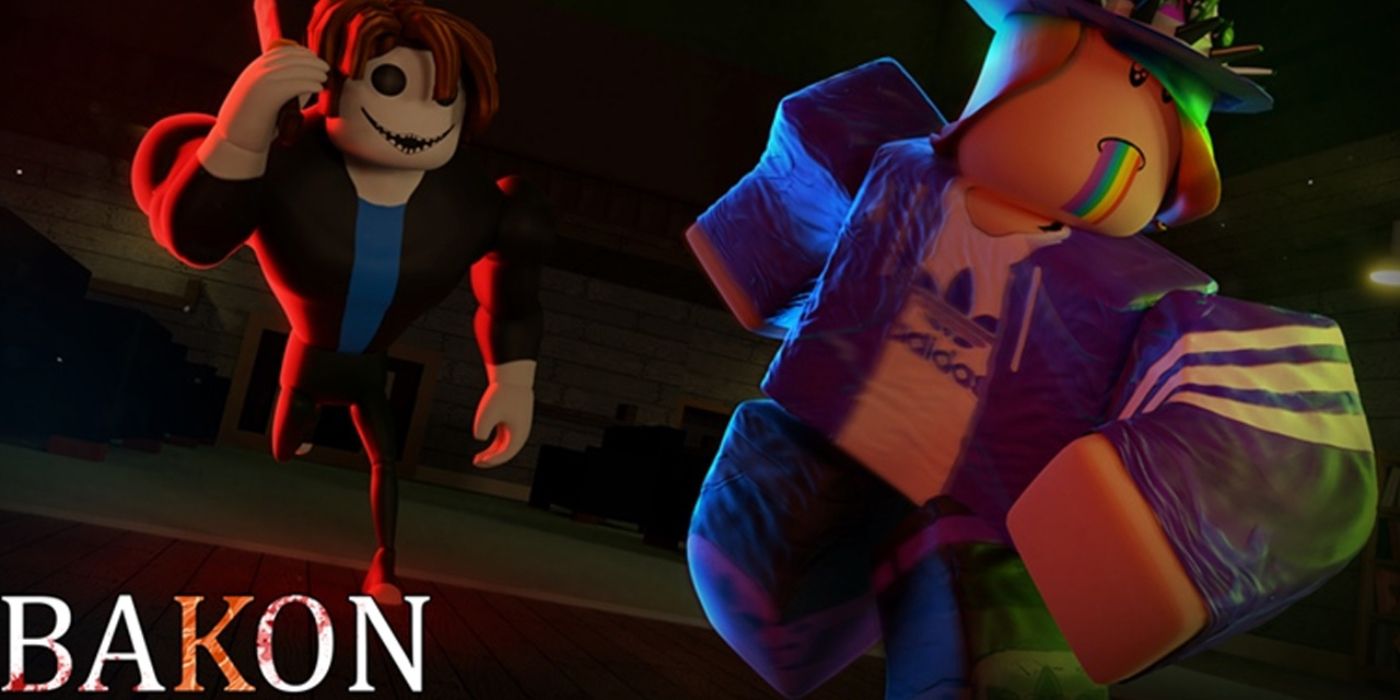 A large scary character chases another character with a knife in Roblox