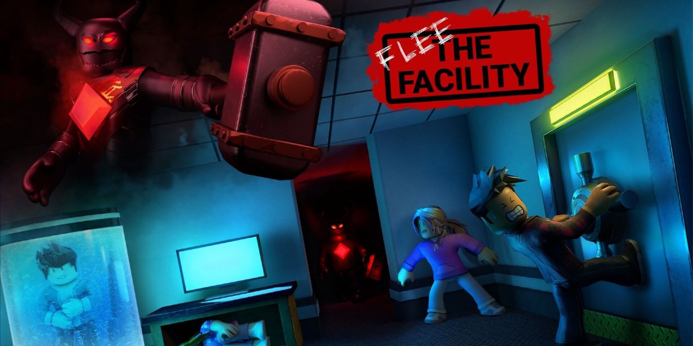 A figures race to escape the room with a ominous creature lurking in the corner in Flee The Facility