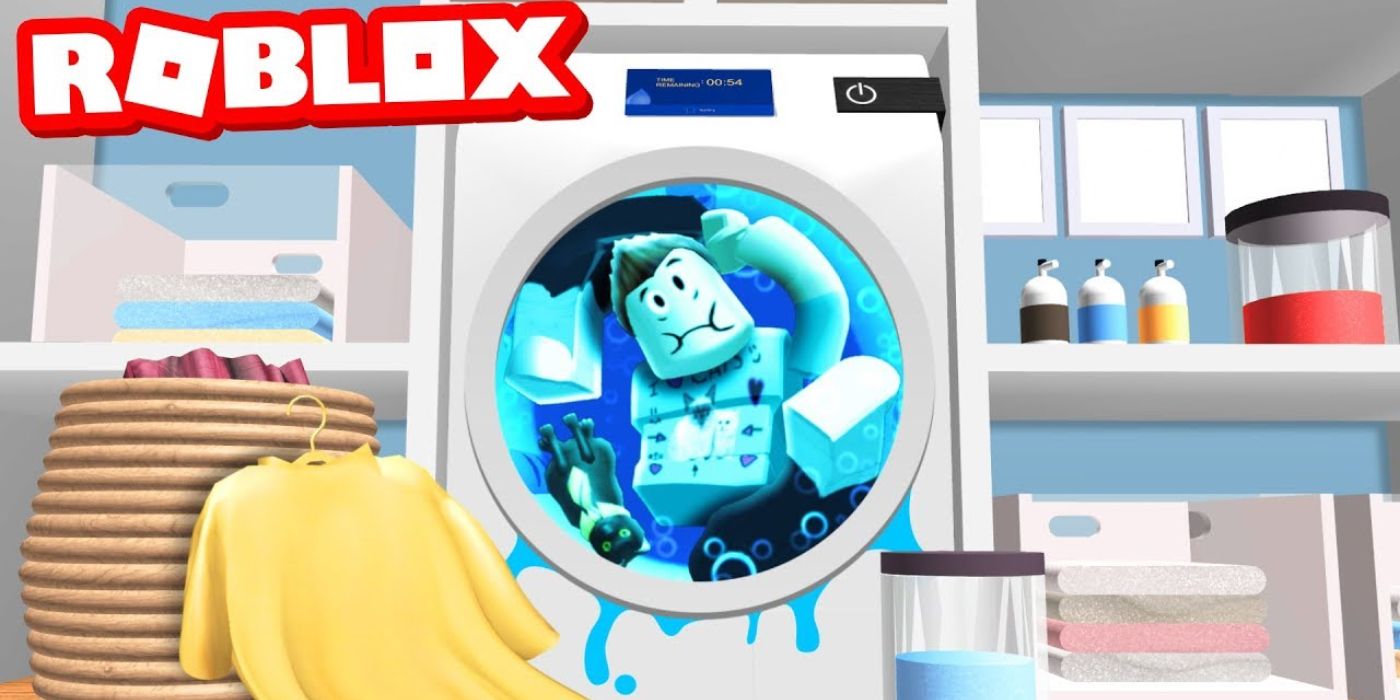 a laundry room with a robloxian trapped in washer