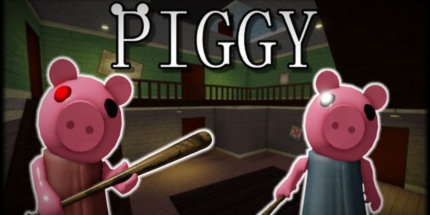 Dois personagens de fantasia de porco assustadores seguram morcegos em Piggy