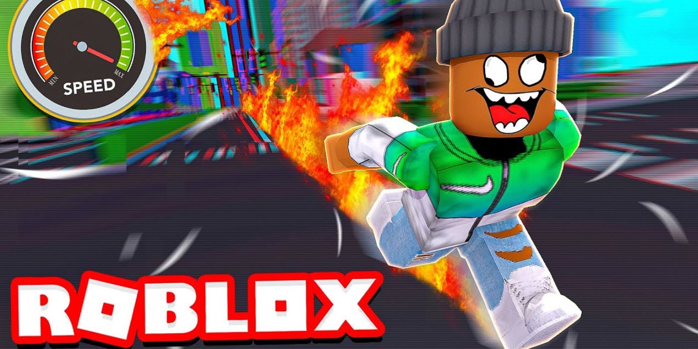 a robloxian running with fire behind him and speed meter all the way to max