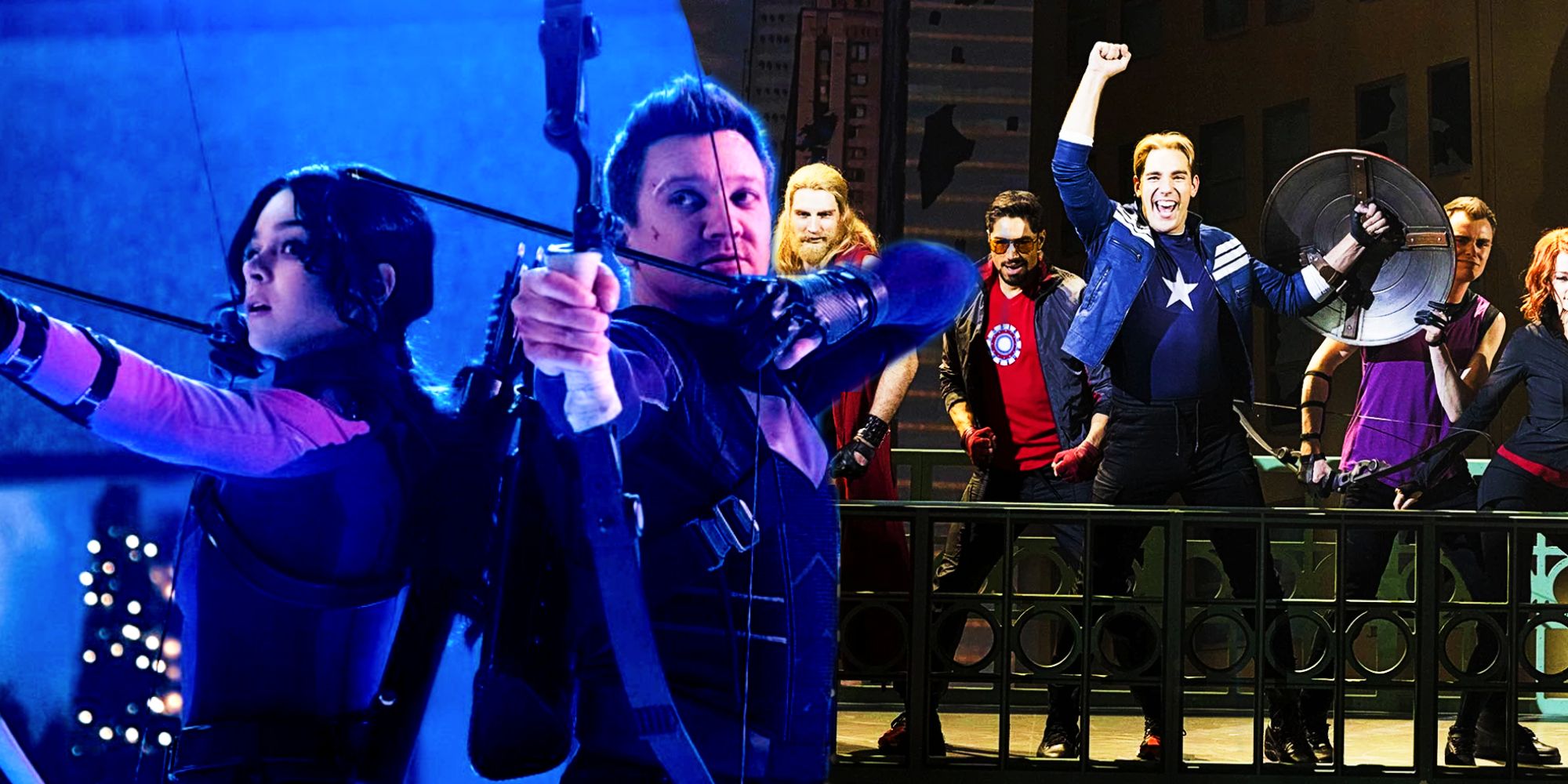 Rogers The Musical, Jeremy Renner as Clint Barton, and Hailee Steinfeld as Kate Bishop in Hawkeye
