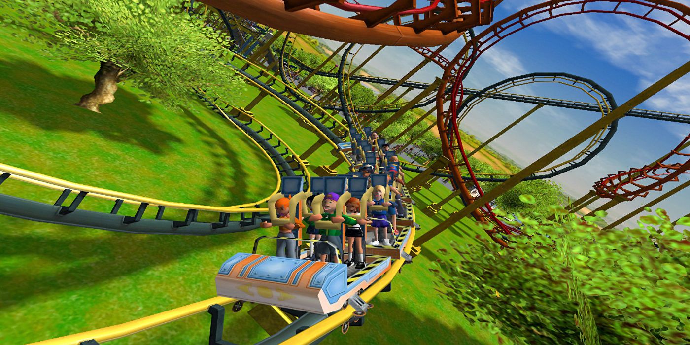Riding a rollercoaster in RollerCoaster Tycoon 3.