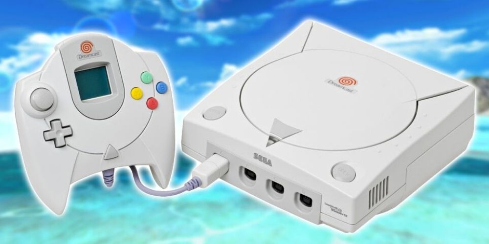 A SEGA Dreamcast floats in front of a beach scene
