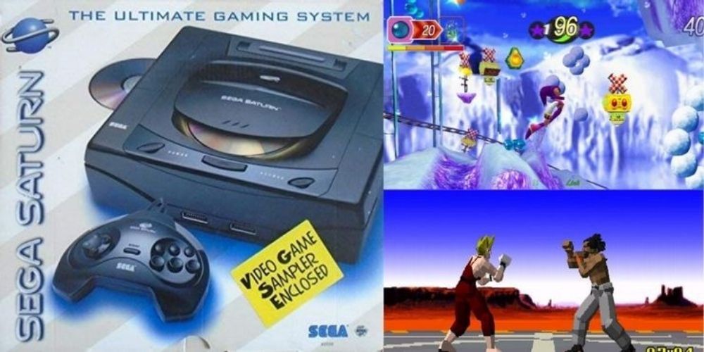 A box for the SEGA Saturn sits next to games Virtua Fighter and Nights into Dreams