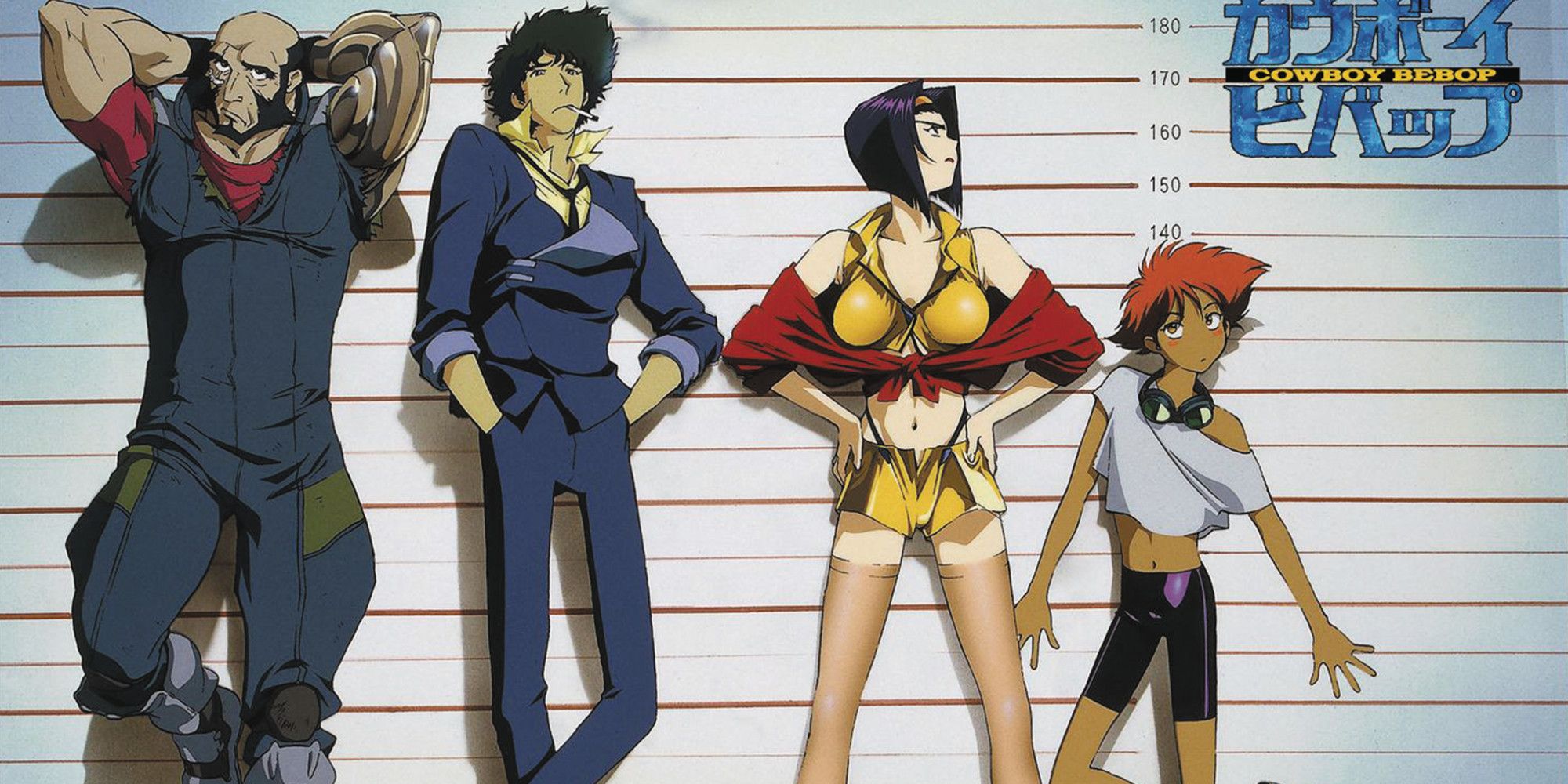 The cast of Cowboy Bebop stand in a police lineup.