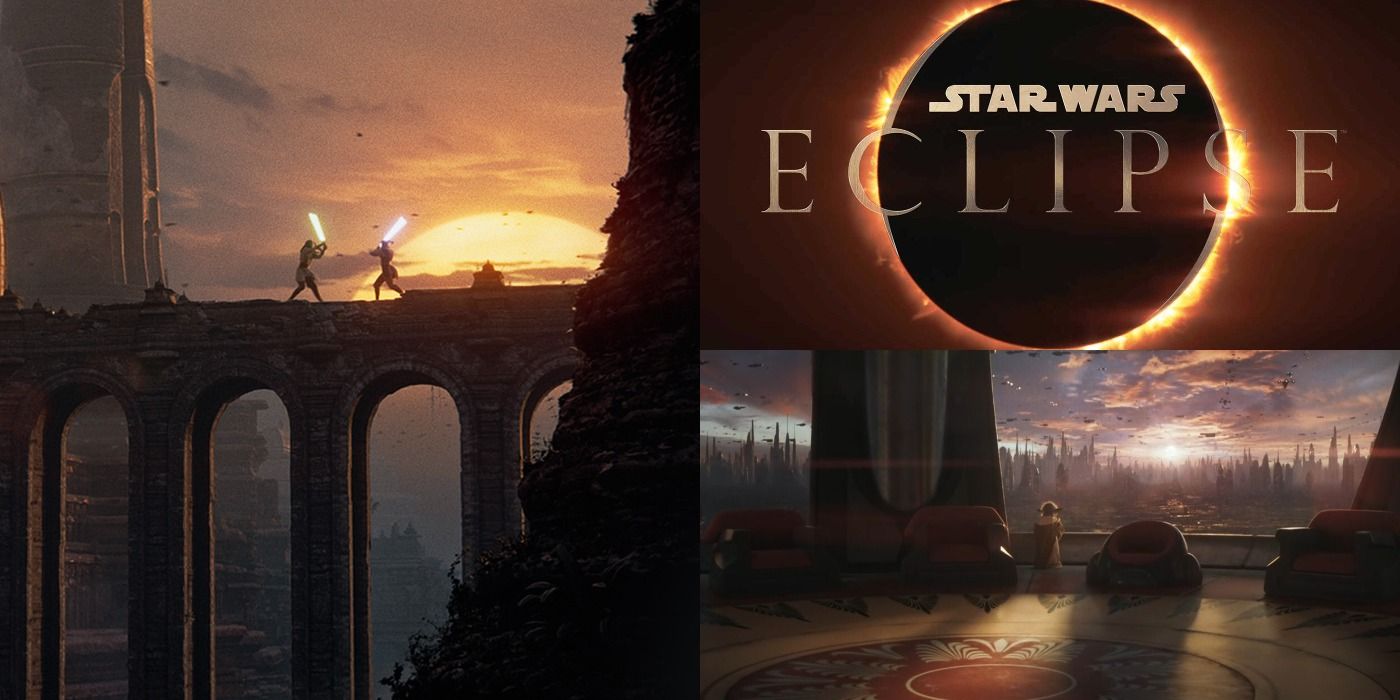 Split image of Jedi sparring, the Star Wars: Eclipse logo, and Yoda in the council chambers