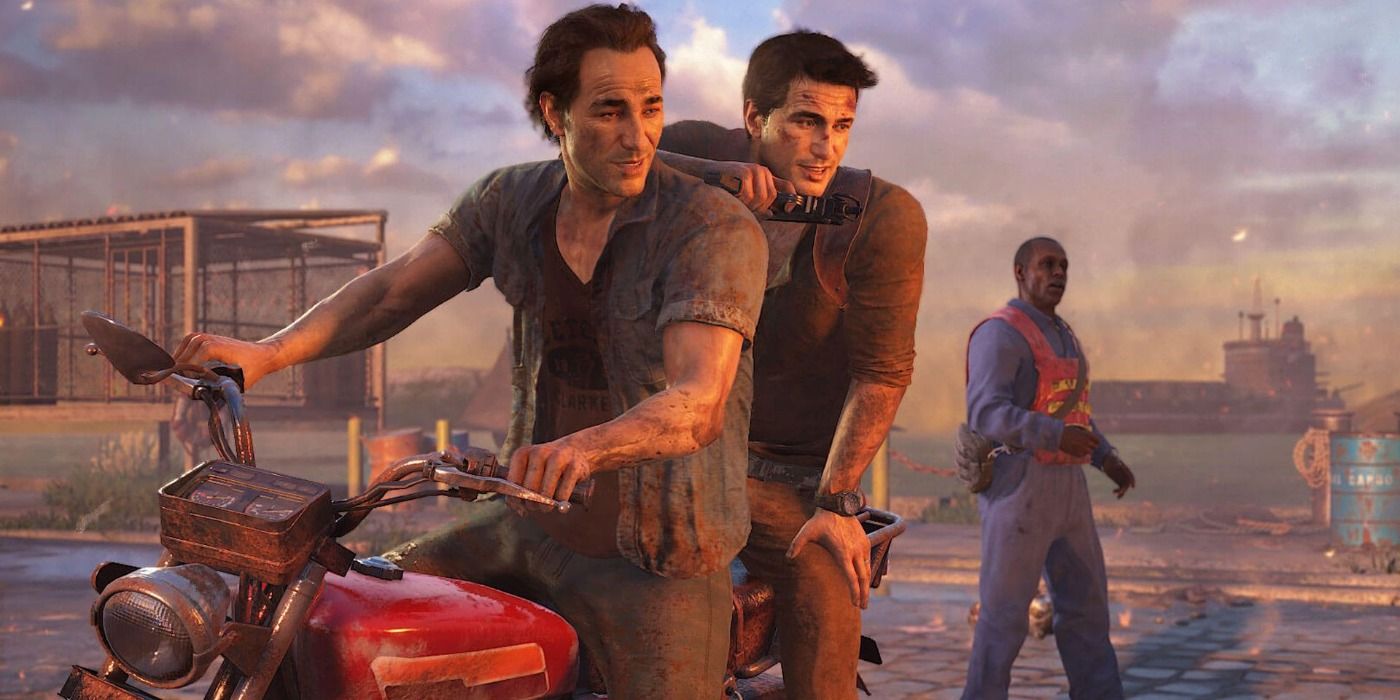 Sam and Nate Drake on a motorcycle in Uncharted 4