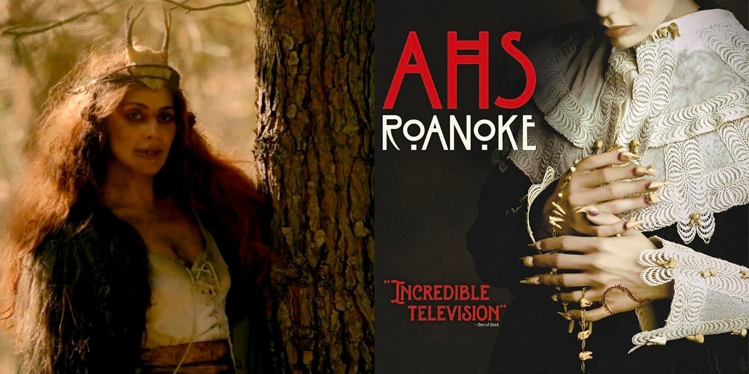 Scatchach looking around a tree next to a promotional image for American Horror Story Roanoke featuring a woman in a lace collar with long nails holding a dangling necklace