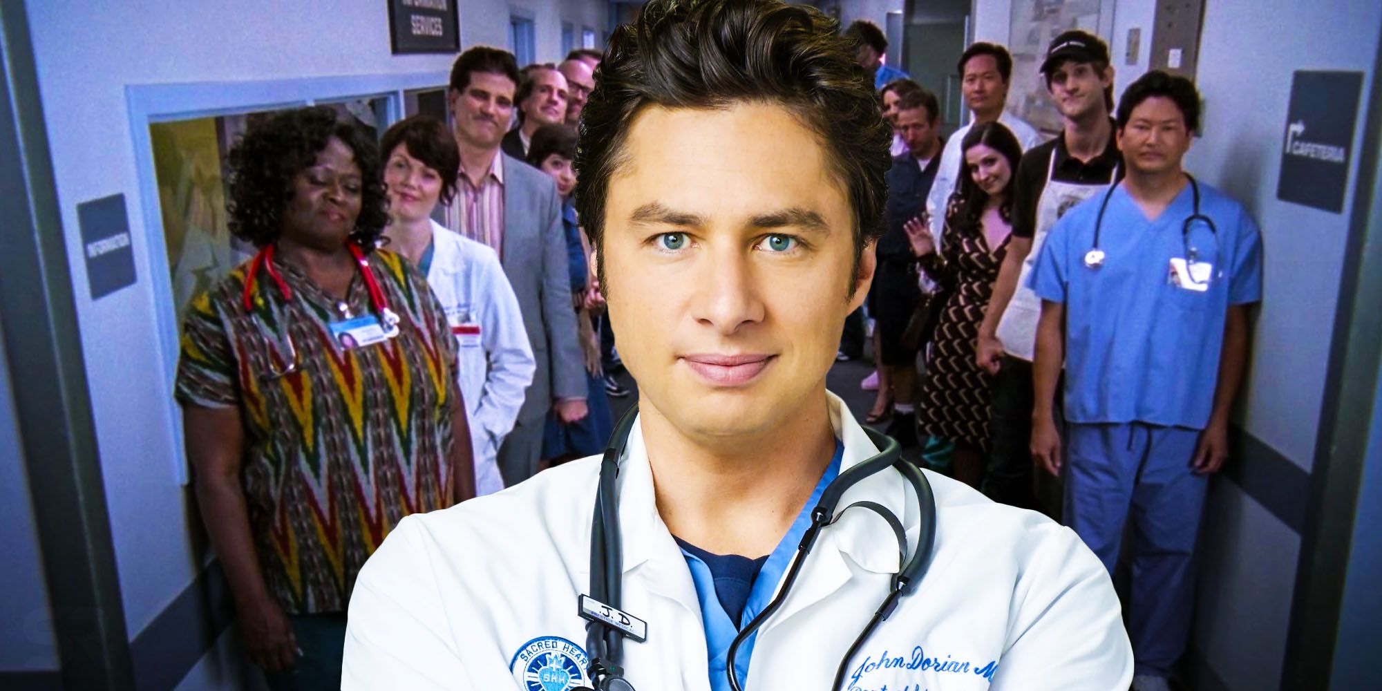 JD standing in front of the other hospital staff from Scrubs