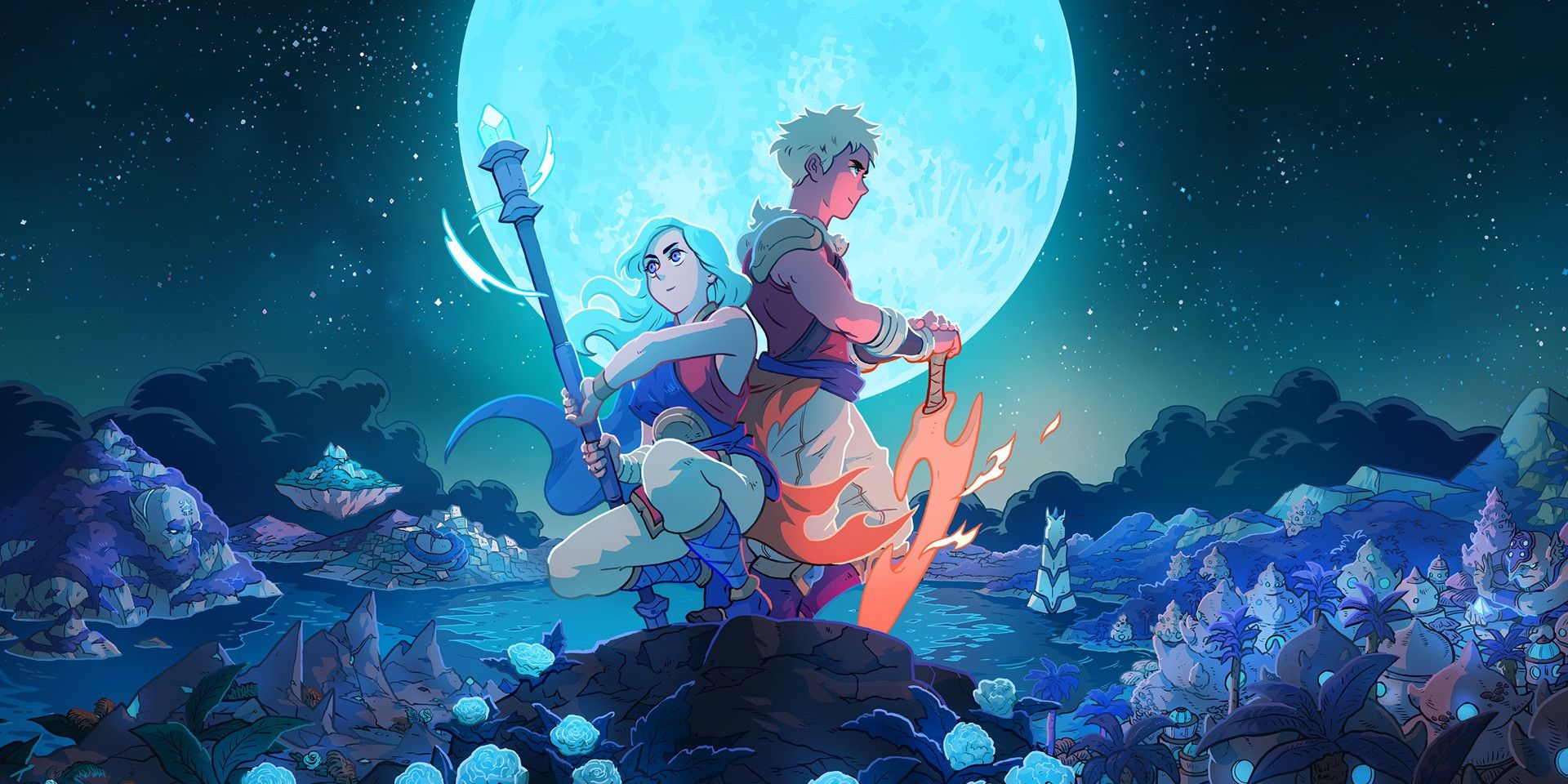 Key art for Sea of Stars, showing two characters perched on a rock and backed by a large moon in the night sky.