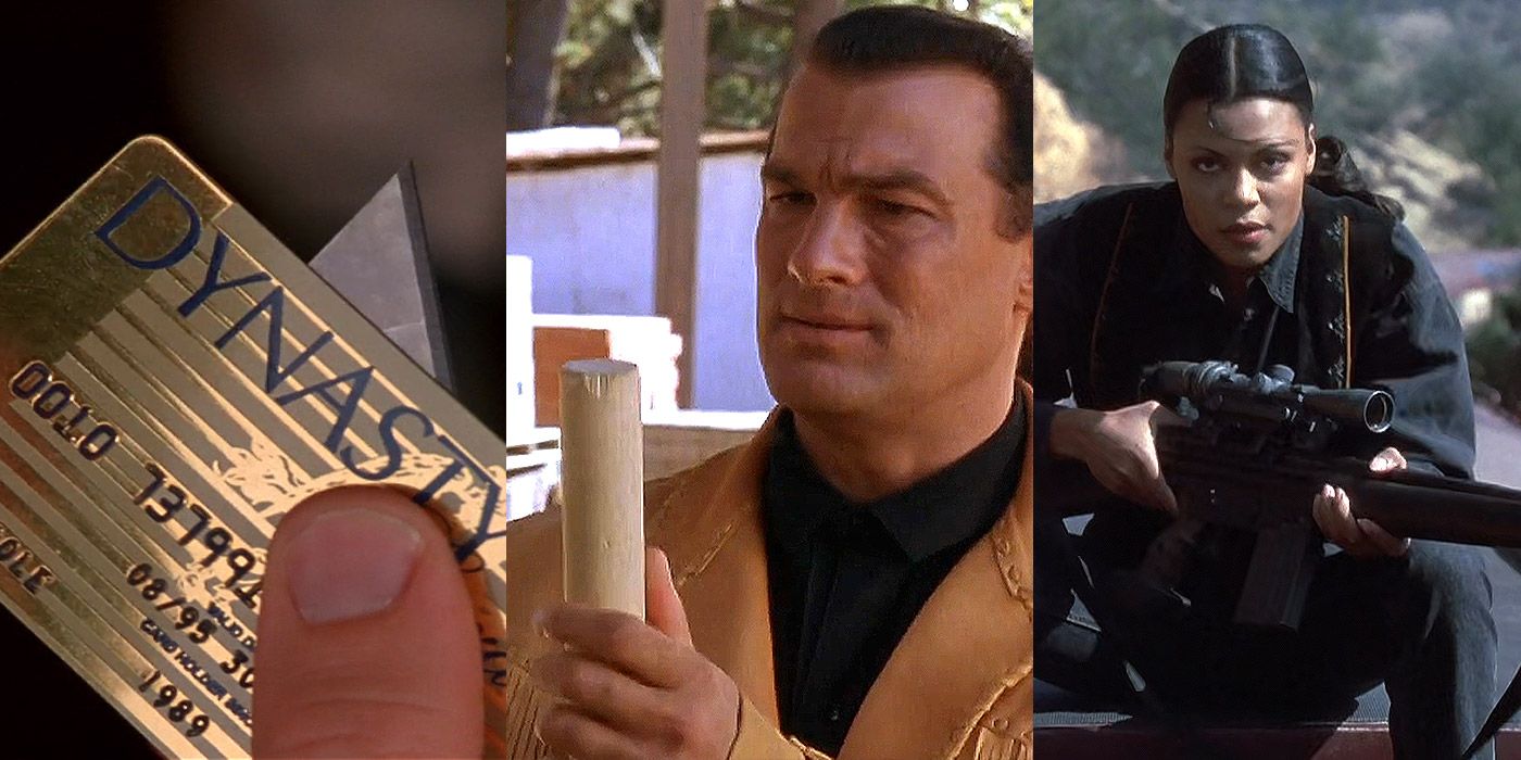 Split image of a credit card, Steven Seagal and a woman with a sniper rifle