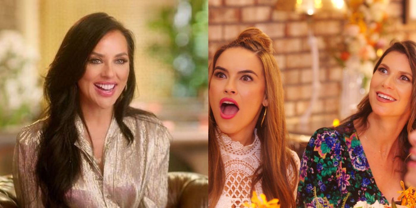 Split image of Vanessa smiling and Chrishell and Maya looking surprised on Selling Sunset