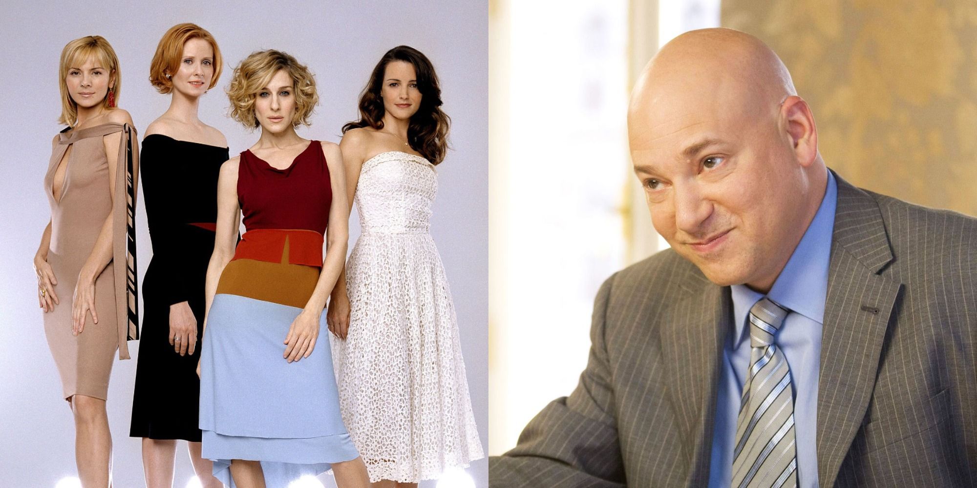 Split image showing the four main girls and Harry from Sex and the City