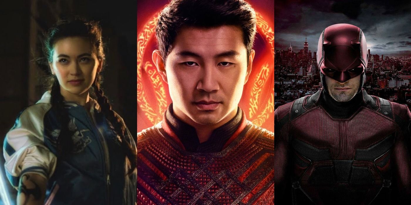 Split image of Colleen Wing, Shang Chi, and Daredevil from the MCU