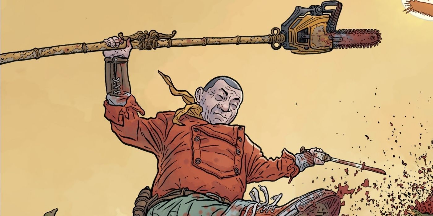 Shaolin Cowboy holding a chainsaw in the comics