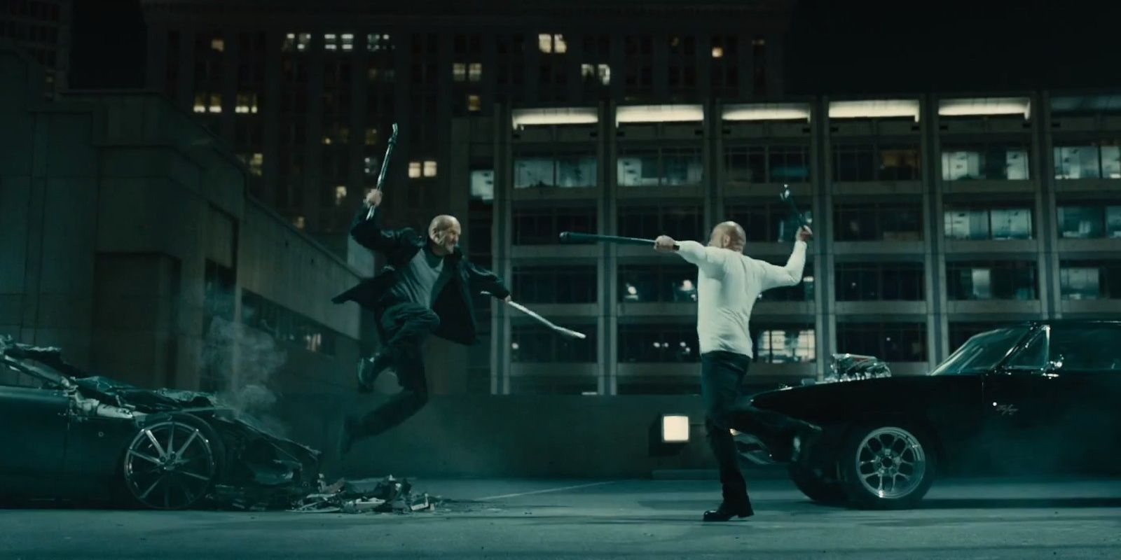 Dom fights Shaw in the streets in Fast & Furious