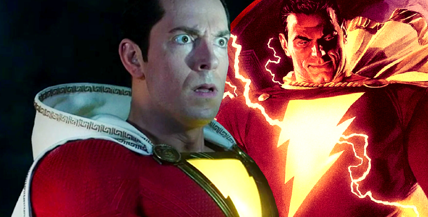 Split image of Shazam in the movie and comics