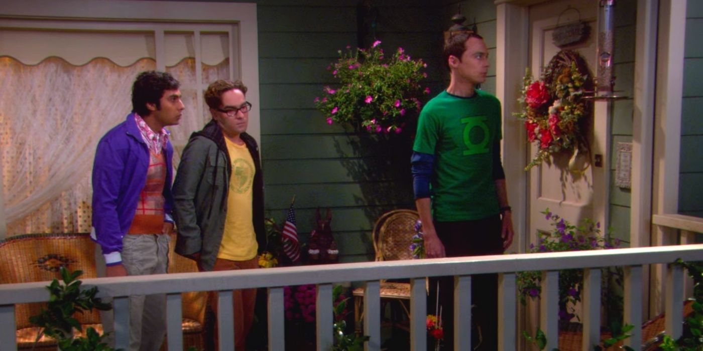 Sheldon, Leonard, and Raj all on Howard's porch on TBBT