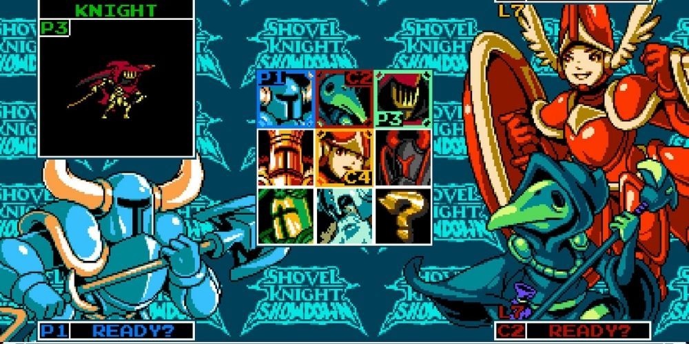 The character-select screen of Shovel Knight allows players to choose various warriors