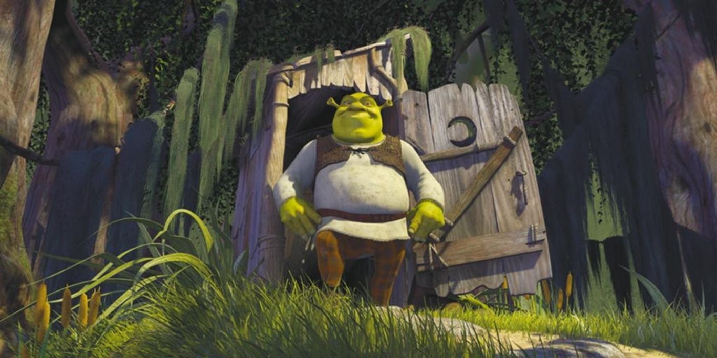 Shrek leaving the outhouse