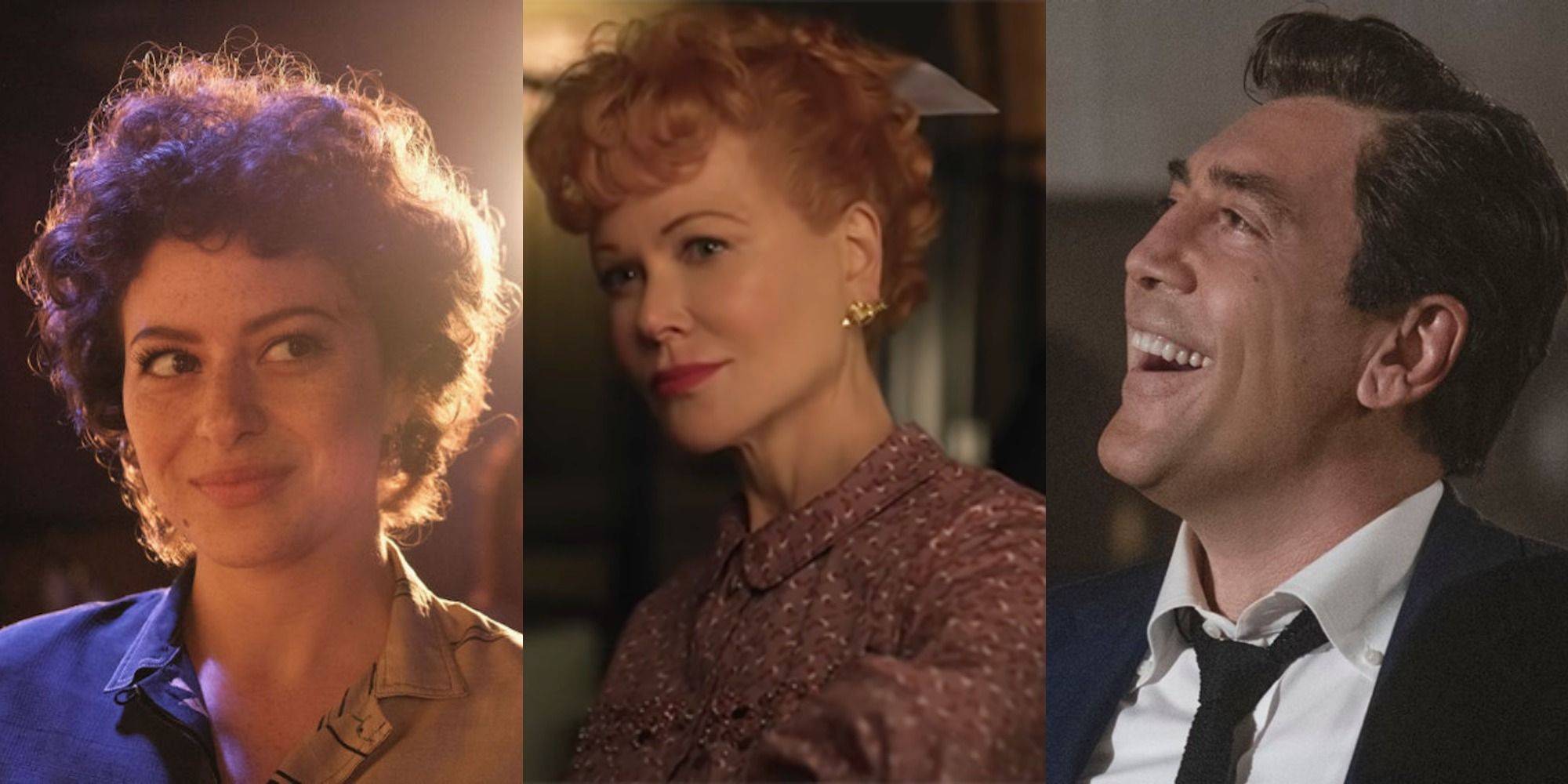 Side by side images of Alia Shawkat, Nicole Kidman and Javier Bardem in Being the Ricardos