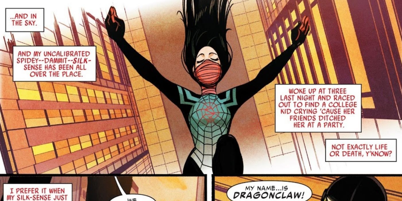 Silk leaping near buildings in the comics