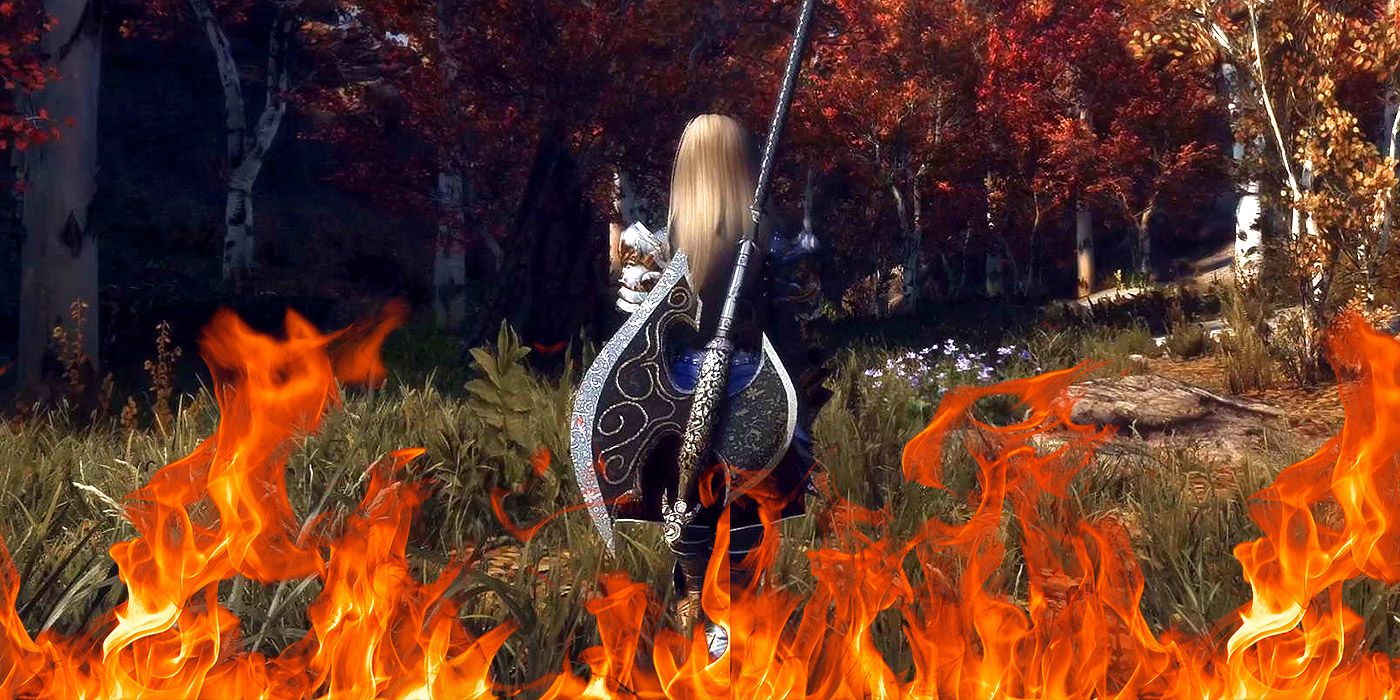 A modded Skyrim character carrying an axe