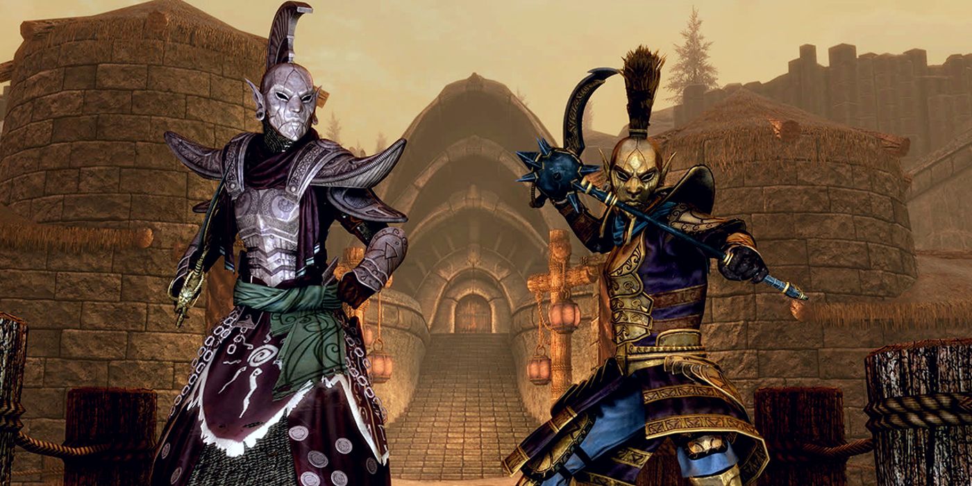 Two characters in Skyrim wearing Ghosts of the Tribunal Morrowind Armor