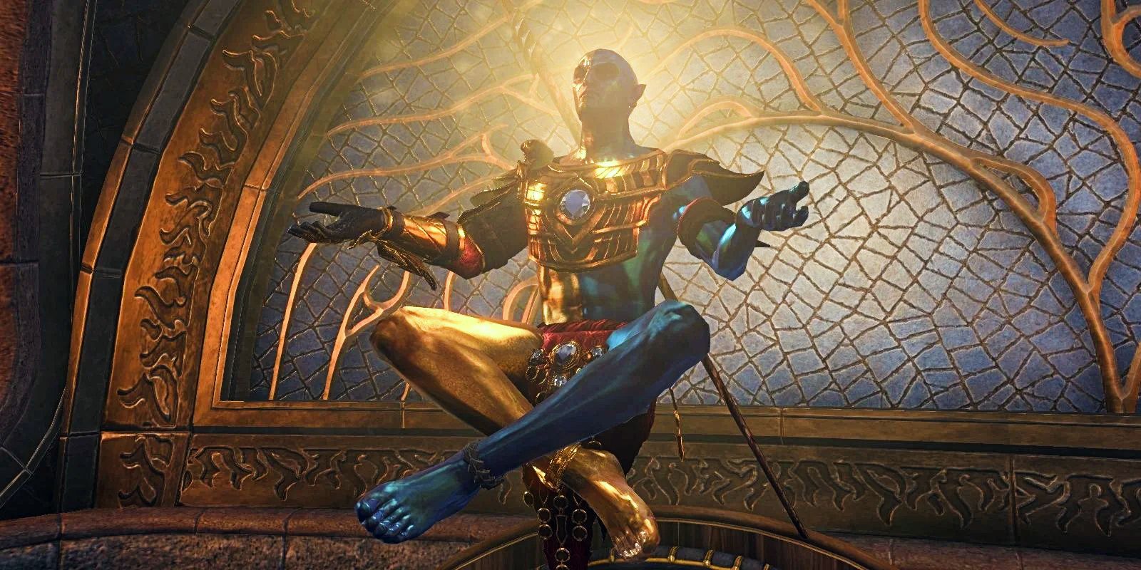 Vivec floating in the air with his legs crossed in Skyrim's Ghosts of the Tribunal quest