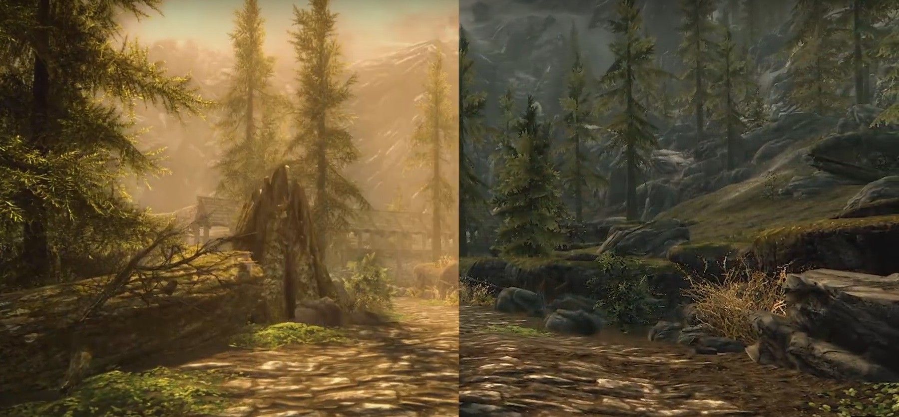 A road in Skyrim Special Edition right next to the same area in the base version