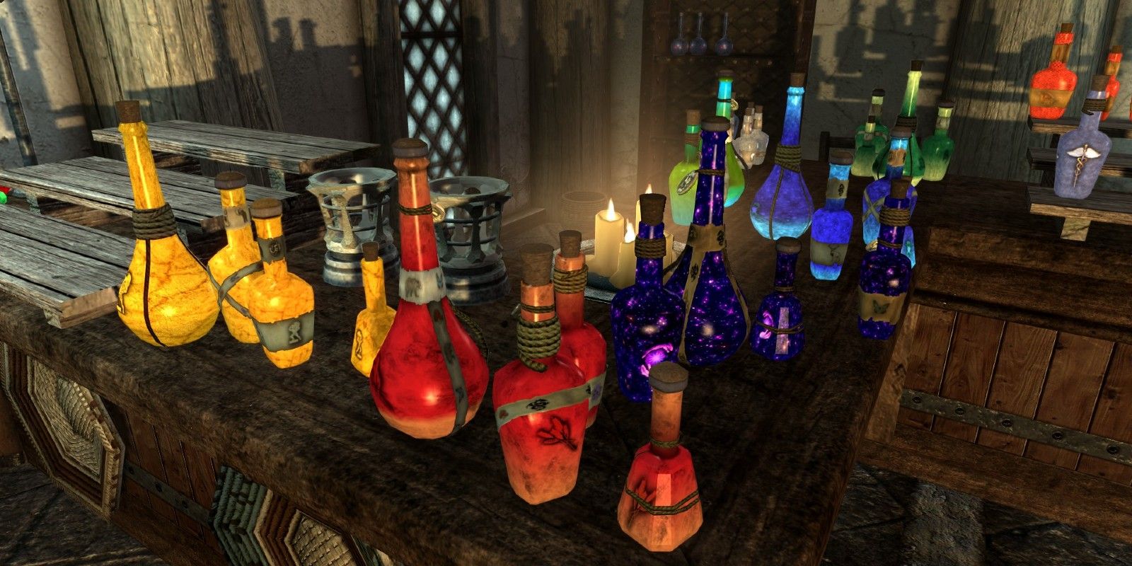 Many potion bottles on a table in Skyrim