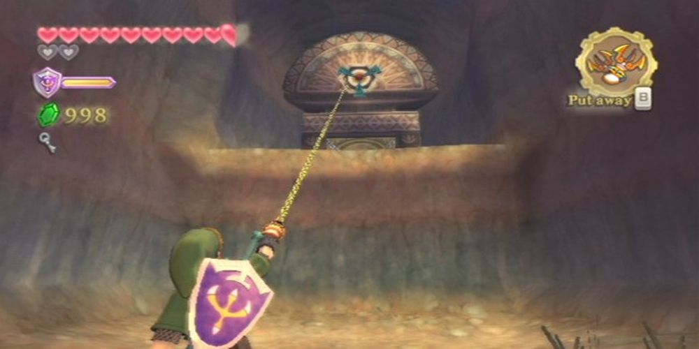 A player using the hookshot in The Legend of Zelda Skyward Sword.