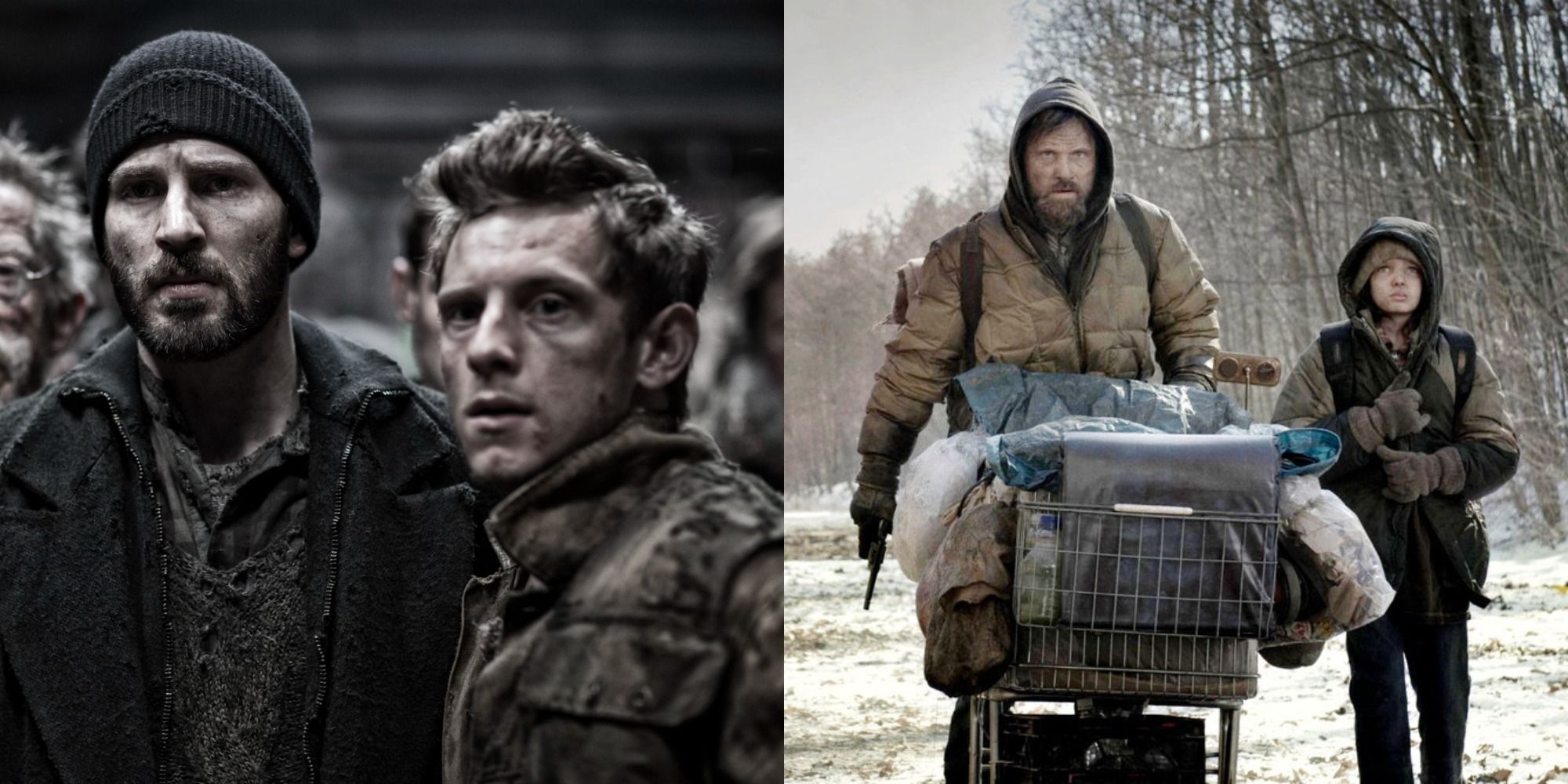 Split image of two men staring in Snowpiercer and a father and son walking in The Road