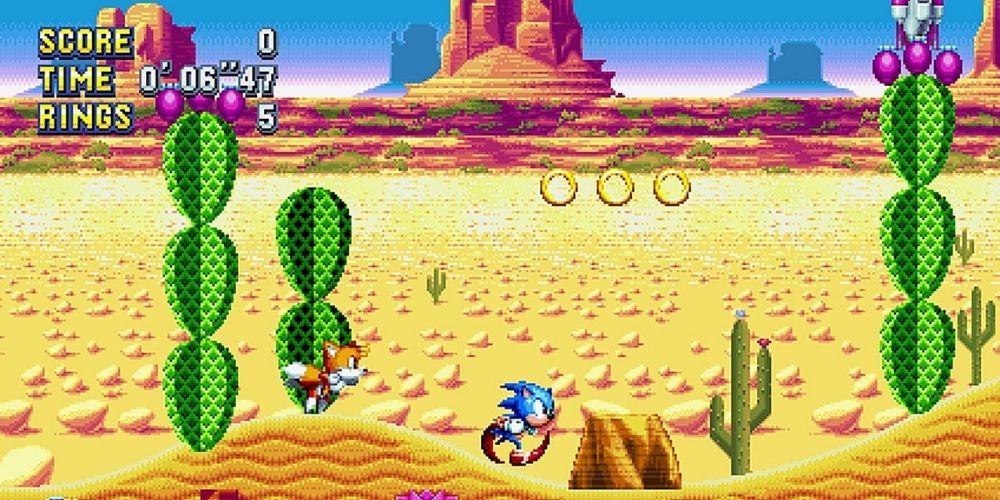 Sonic runs through a desert in Sonic Mania