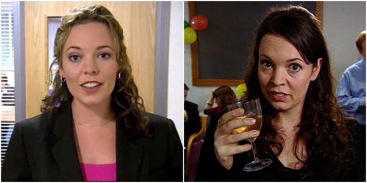Split image: Sophie talks directly to the camera, Sophie raises a class in Peep Show