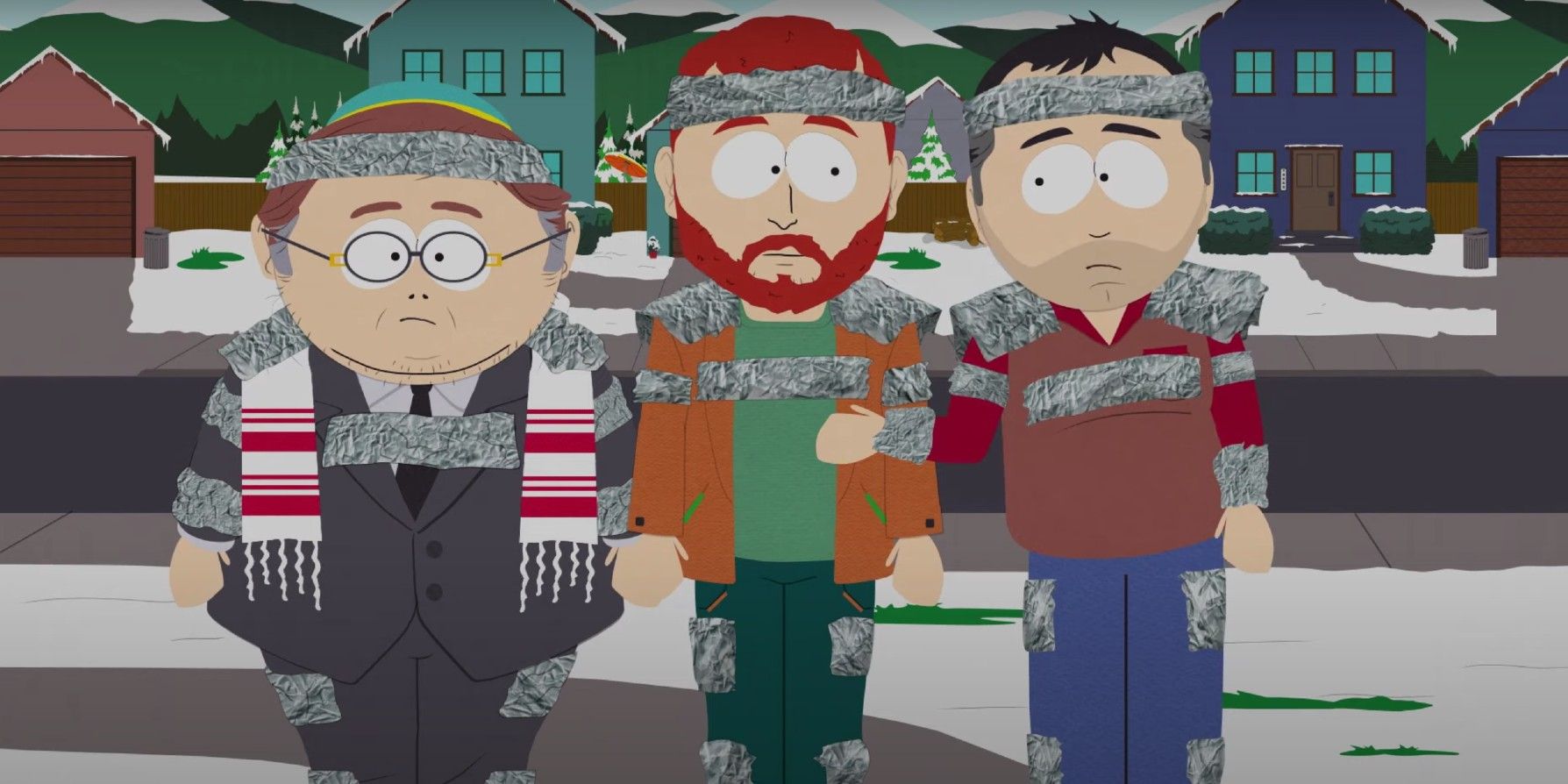 Cartman, Kyle and Stan wearing aluminum foil in The Return of COVID.
