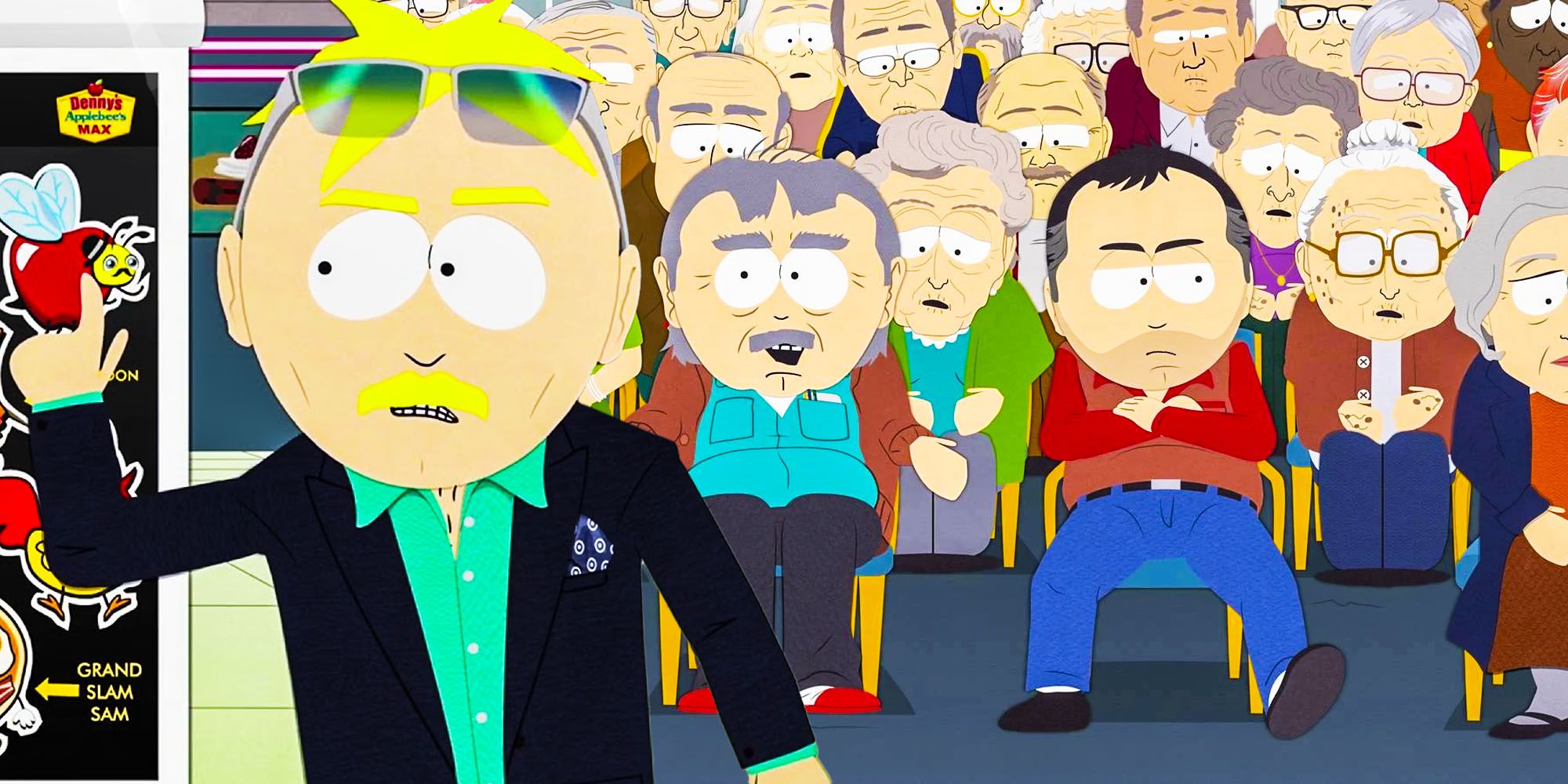 Butters as Victor Chaos pointing to a chart in front of a group of people in South Park: Post Covid 2.