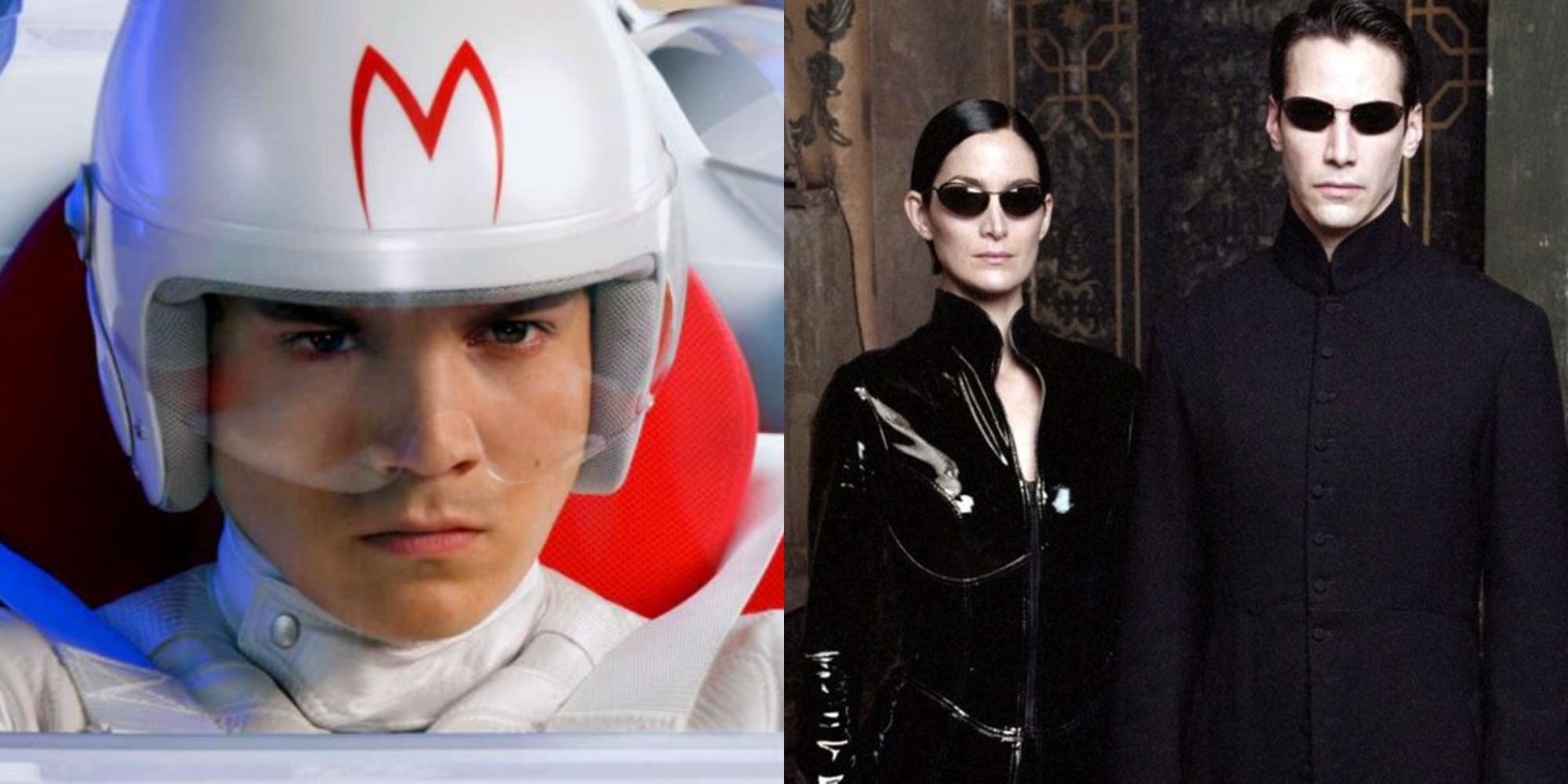 Split image showing Speed in Speed Racer and Trinity and Neo in The Matrix
