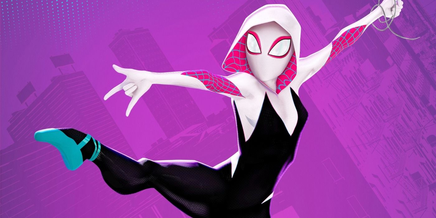 Spider-Gwen swinging on her webs in Into the Spider-Verse promo art