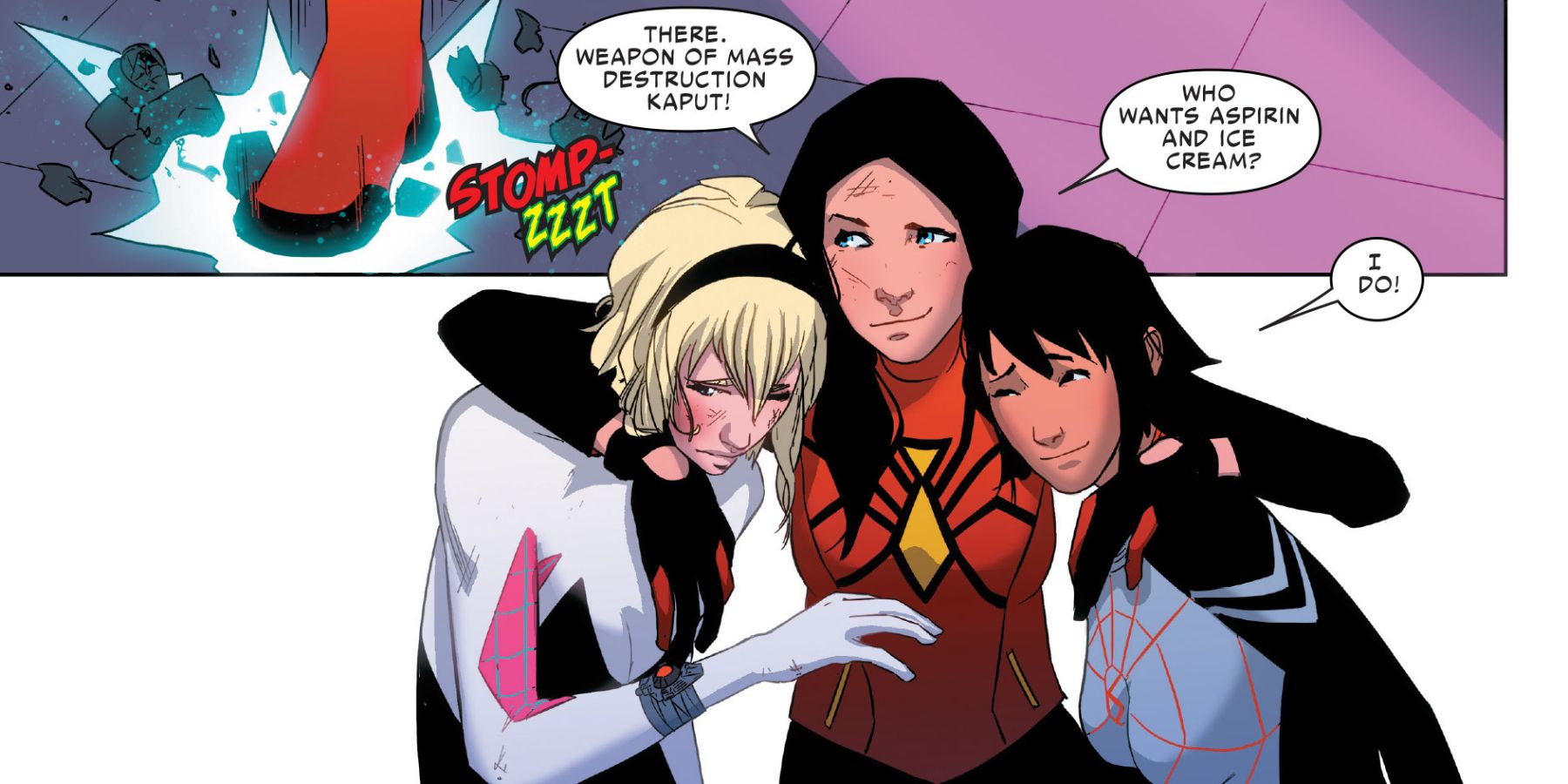 Spider-Gwen, Silk, and Spider-Woman huddled together in Spider-Women Alpha/Omega