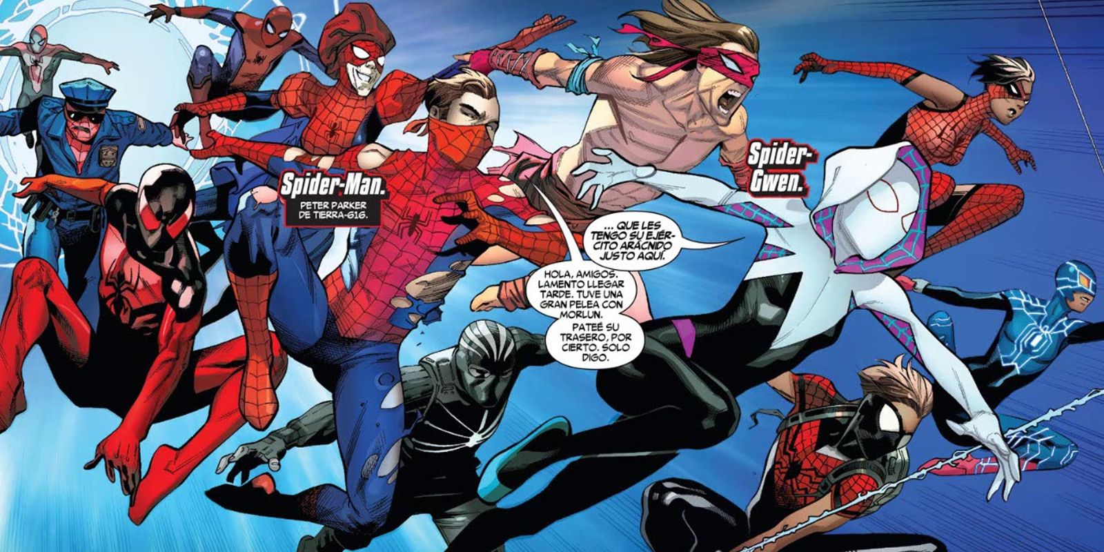 Spider-Gwen leading an army of Spider-People into battle in Spider-Geddon