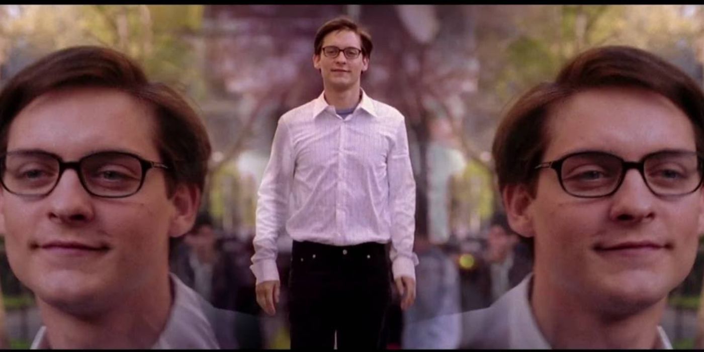 Blended image of Peter Parker walking and his face looking cheerful in Spider-Man 2