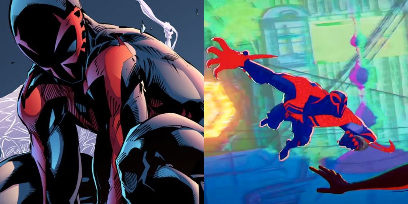 Split image of Spider-Man 2099 from Marvel Comics and from Spider-Man: Across The Spider-Verse.